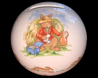 Hucha redonda vintage Bunnykins Royal Dalton Money con caja, 1988, Country Bunnies