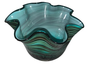 Bol/jarrón de cristal soplado estilo Murano, azul verdoso, con volantes, estilo vintage, 3,5" x 6"
