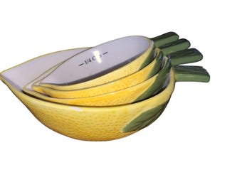 Measuring Cups 4 Set Lemon Shaped Yellow Ceramic French Country Kitchen Decor