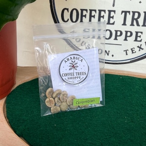 Puede incluir: Una bolsa de plástico transparente resellable que contiene granos de café crudos de color verde claro. La bolsa presenta una etiqueta blanca con el texto Arabica Coffee Trees Shoppe Houston Texas y una pequeña pegatina rectangular verde.