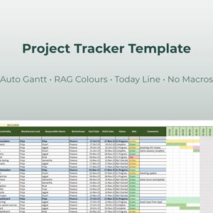 May include: A project tracker template with the title "Project Tracker Template" in green text. The template includes sections for tasks, milestones, start dates, and status, with color-coded progress indicators. The template also includes the text "Auto Gantt • RAG Colours • Today Line • No Macros."