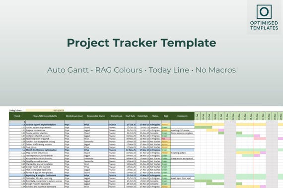 Excel Project Tracker Template | Automated Gantt Chart, RAG Status Dashboard, Timeline & Task Planner Spreadsheet
