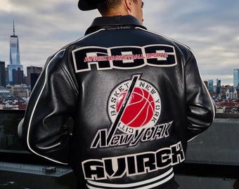 Chaqueta de cuero Avirex New York Basketball para hombre, estilo bomber universitario de piel de vaca auténtica, color negro, ropa de calle, chaqueta Avirex de regalo.