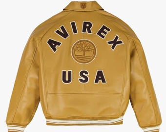 Timberland x Avirex Leather Bomber Jacket Men’s Genuine Cowhide Biker Streetwear Jacket Fashion Outerwear Avirex New Style Gift for Him