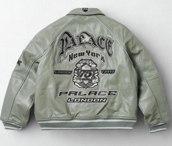 Palace x Avirex New York Leather Jacket Genuine Cowhide Embroidered Streetwear Bomber Jacket Palace London Tokyo Avirex Jacket Gift for Him