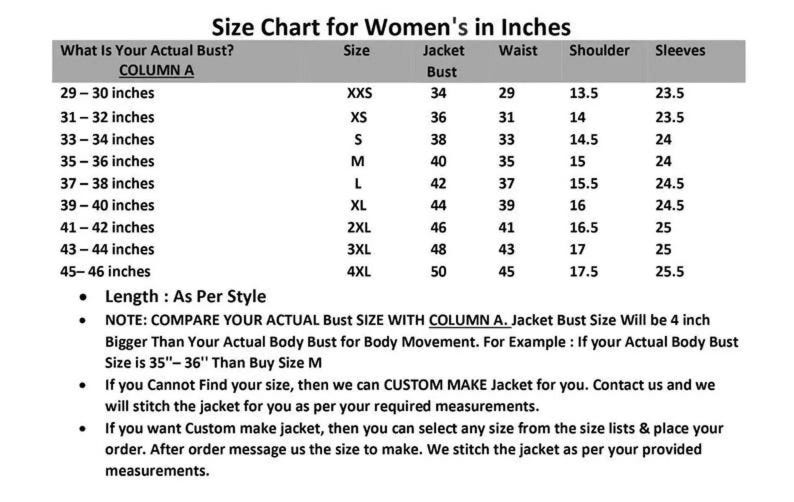 Puede incluir: Tabla de tallas de chaquetas para mujer en pulgadas, con medidas de busto, cintura, hombros y mangas. Tallas de XXS a 4XL, con contornos de pecho de 73,66 cm a 116,84 cm. Incluye notas sobre c&oacute;mo medir y opciones de chaquetas personalizadas.