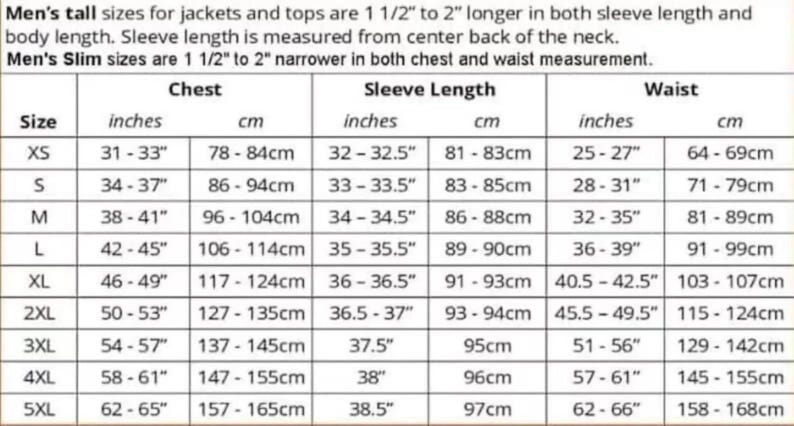 Puede incluir: Tabla de tallas para chaquetas y tops de hombre, con medidas en pulgadas y cent&iacute;metros. Incluye medidas de pecho, largo de manga y cintura, desde XS hasta 5XL. Notas sobre tallas altas y slim.