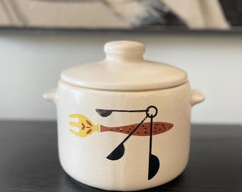 MCM West Bend Ceramic Bean Pot and Lid w. Fork and Spoons Motif - 1960s