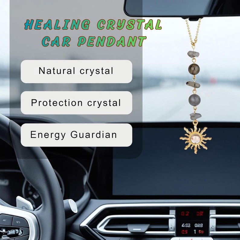 May include: A car pendant hanging from a rearview mirror, featuring a gold-toned chain with alternating grey natural stone beads and a sun-shaped charm with a central stone. Text on the image reads HEALING CRYSTAL CAR PENDANT, Natural crystal, Protection crystal, and Energy Guardian.