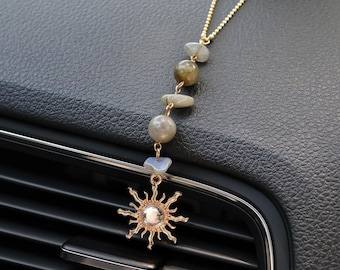 Crystal Stone Sun Car Charm, K Gold Sunflower Rearview Mirror Decor
