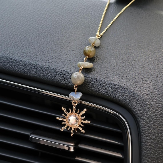 Crystal Stone Sun Car Charm, K Gold Sunflower Rearview Mirror Decor