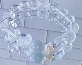 Clear Quartz Aquamarine Crystal Bracelet: High Grade Natural Gemstone Energy Jewelry 12MM Beads