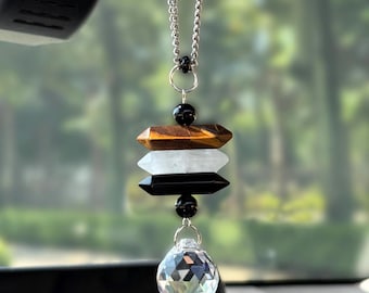 Travel Protection Crystal Hanging Car Charm, Tiger Eye Black Obsidian Hematite Quartz Pendant