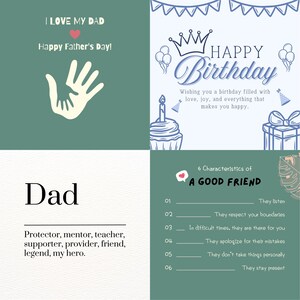 May include: A collage of greeting cards with text for Father's Day and a birthday. One card says "I Love My Dad" and "Happy Father's Day!" Another says "Happy Birthday" with a cupcake and gift. A third card lists characteristics of a good friend.