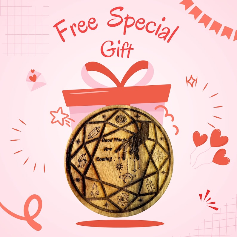 May include: A circular wooden plaque featuring a laser-engraved geometric star pattern, a hand reaching downward, and the text "Good Things Are Coming." The design includes small celestial icons like crystals, stars, and a crescent moon on a light wood grain.