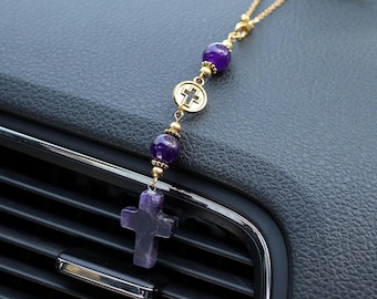 Amethyst Crystal Cross Car Charm, Healing Stone Rearview Mirror Decor