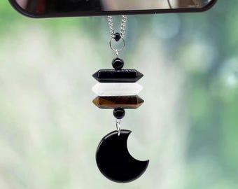 Crystal Car Charm, Obsidian Moon, Travel Protection Pendant
