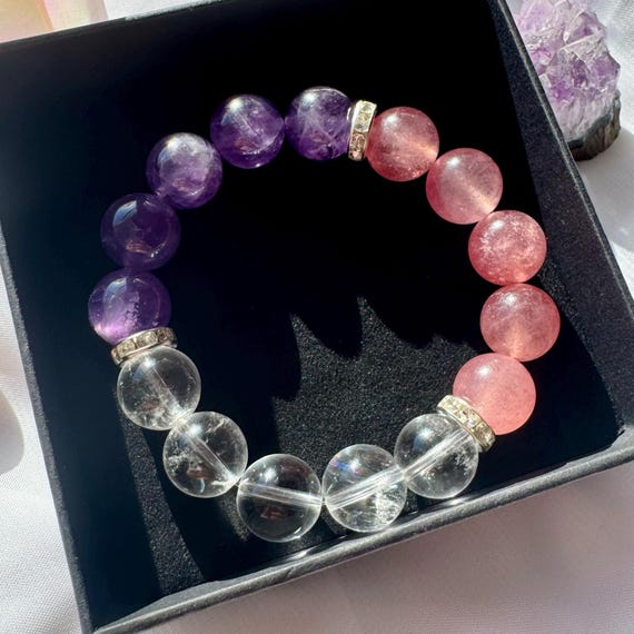 HANDMADE BEADED NATURAL STONES AND CRYSTAL AMETHYST AND CLEAR QUARTZ ✨ Custom Amethyst Crystal Bracelet ✨ This elegant bracelet  main image 4