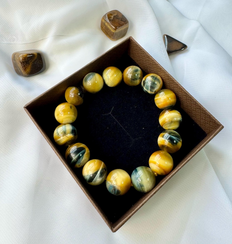 Big Bold Yellow & Blue Tiger Eye Bracelet For Him: 14mm Polished Gemstone Jewelry image 1