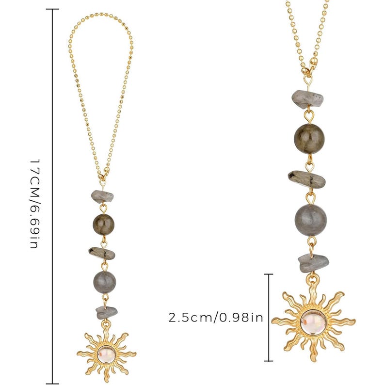 May include: A gold-toned beaded chain ornament featuring alternating grey stone beads and a sun-shaped pendant with a central stone. The total length is 6.69 inches, and the sun pendant measures 0.98 inches in diameter, as indicated by labels.