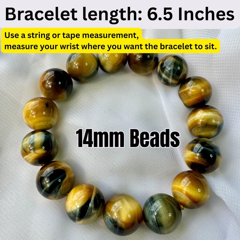 May include: A bracelet made of round, polished beads in shades of gold, brown, and blue. The bracelet is approximately 6.5 inches in length and features 14mm beads. The image includes text about measuring the wrist for fit.
