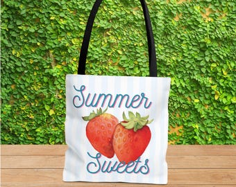 Borsa estiva tote, graziosa borsa da spiaggia in stile cottagecore, borsa per il mercato della frutta, borsa a tracolla estiva a righe rosa, blu e turchesi, regalo per lei, picnic