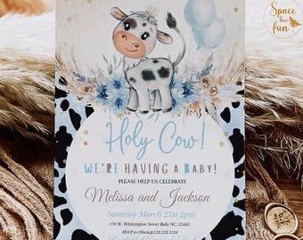 May include: Baby shower invitation with a cartoon cow illustration, blue balloons, and floral accents. The text reads "Holy Cow! We're Having a Baby!" with event details and RSVP information.