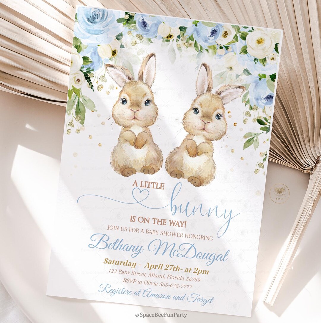 Bunny Twins Baby Shower Invitation Some Bunny Invite Easter Rabbit Boy ...