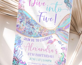 Dive into Five Birthday Mermaid Invitation, Under the Sea Birthday Invite, Beach Party Mermaid Splash 5th EDITABLE Template digital ID7