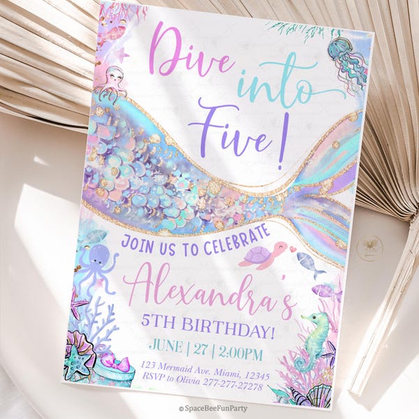Dive into Five Birthday Mermaid Invitation, Under the Sea Birthday Invite, Beach Party Mermaid Splash 5th EDITABLE Template digital ID7