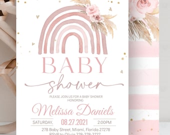 Rainbow Boho Baby Shower Invitation, Pink Pampas Grass (EDITABLE Printable Template)  RR1