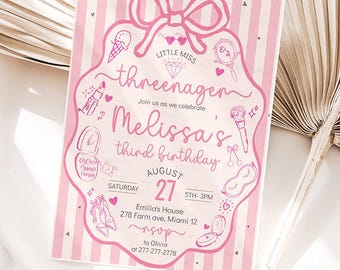 Little Miss Threenager  invitation, Pink Coquette Hand Drawn Bow Fashion & Makeup Girl 3rd Birthday Invitation Party Editable template Q1