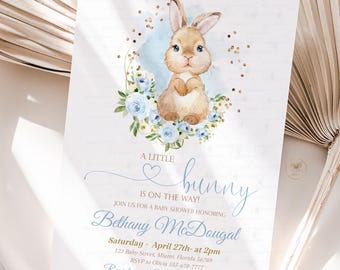Bunny baby shower  Invitation Some  Bunny Invite Easter Rabbit Boy Spring Floral  Blue and gold Editable Printable Digital Download BU1