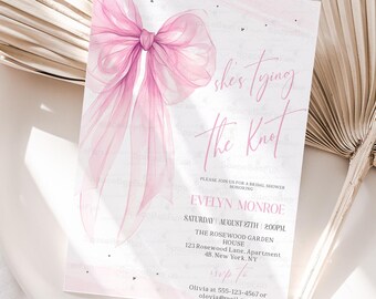 She's tying the knot Bridal shower invitation Editable Bachelorette Party Invite Pink Bow Modern Brunch Printable Template BV1