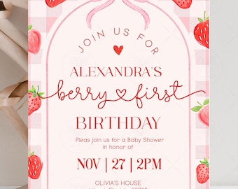 Berry First Birthday Invitation, Berry 1st Birthday Invite, Pink Red Bow Strawberry First Birthday Invite, Editable printable download BK1