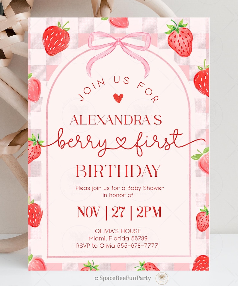Berry First Birthday Invitation, Berry 1st Birthday Invite, Pink Red ...