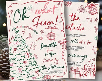 Oh What Fun Christmas Party Invitation, Holiday party Invite, Editable Whimsical Hand Drawn Party Christmas Dinner Text Invite Template