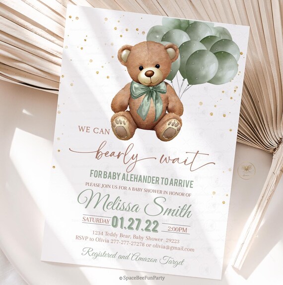 Teddy Bear Baby Shower, Green Sage Invitation Bearly Wait Invite Bear with Balloons Invitations Editable Printable template download TB3