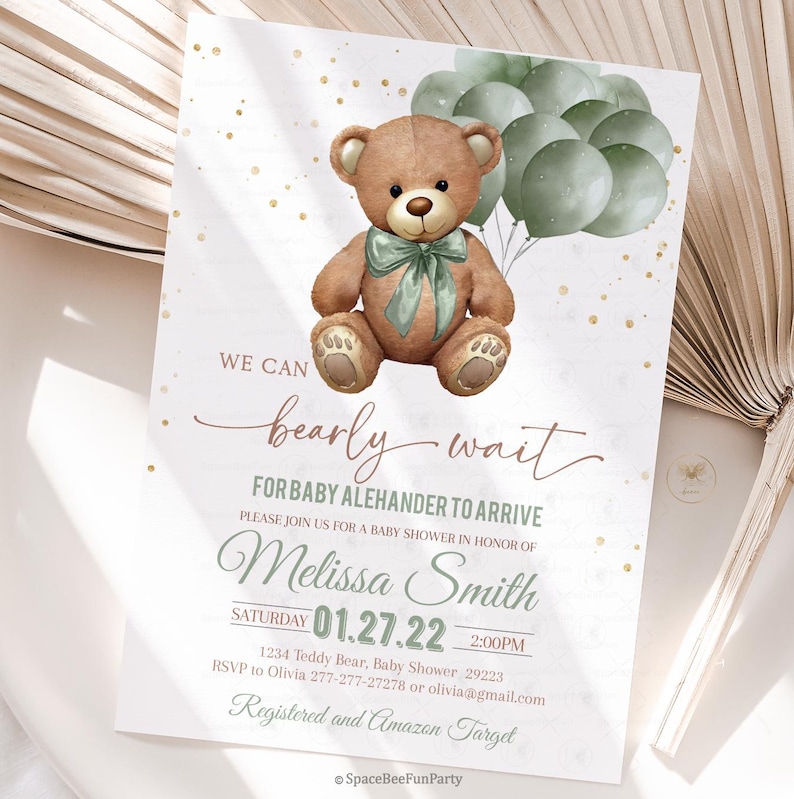 May include: A baby shower invitation featuring a brown teddy bear with a green bow and balloons. The invitation includes the text "We can bearly wait" and details for the event, including the date, time, and RSVP information.