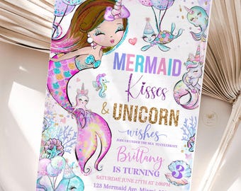 Mermaid birthday invitation Party Mermaid Kisses Unicorn Wishes Birthday Invitation, Under the Sea Pool Party (Editable Template) M1