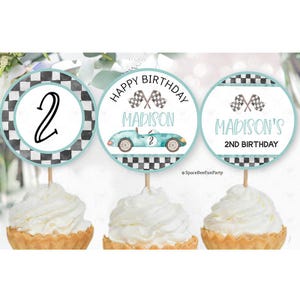 Två snabba födelsedagscupcake-toppers, racerbilsfesttårtdekorationer racerbil vintage redigerbar mall utskrivbar direkt digital nedladdning FC1