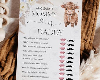 Highland Cow Baby Shower Games Holy Cow Baby Boho Game Mommy or Daddy, Games Cow Themed Printable Template HCG1