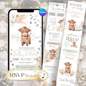 Può includere: Un invito per un baby shower visualizzato sullo schermo di un telefono, con un'illustrazione di una mucca delle Highlands. L'invito include i dettagli per il baby shower di Brittany & Mehad il 27 agosto 2023. Carte aggiuntive: lista nascita, RSVP e lotteria pannolini.