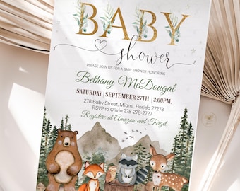 Woodland Baby Shower Invitation, Gender Neutral Woodland animals invitations, EDITABLE Adventure begin phone Invites Templatedownload AB1