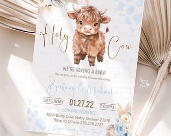May include: Baby shower invitation with a watercolor illustration of a Highland cow. The invitation features the text "Holy Cow" and "We're having a baby!" in elegant script. Details include the date, time, and location.