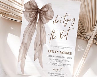 She's tying the knot Bridal shower invitation Editable Bachelorette Party Invite Chocolate Mocha Bow Modern Brunch Printable Template BV1