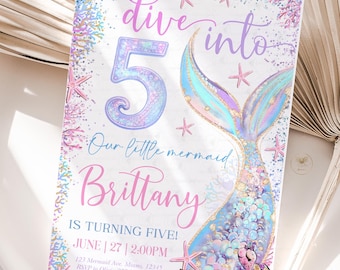 Dive into Five Birthday Mermaid Invitation, Under the Sea Birthday Invite, 5th Beach Party Mermaid Splash EDITABLE Template digital ID7
