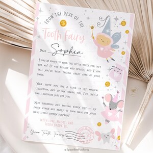 May include: A pink and white Tooth Fairy letter addressed to Sophia, with illustrations of a fairy, a mouse, and a tooth. The letter includes text about the tooth's journey and a small surprise.