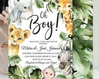 Invitación editable para baby shower con temática de safari, invitación para baby shower con temática de la selva, plantilla imprimible, descarga digital SF1