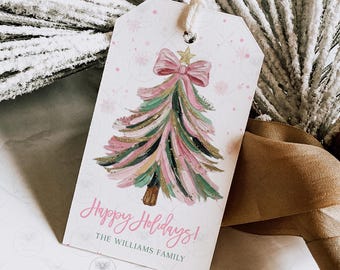 Christmas gift tags Printable Editable, Holiday Tags Cute Pink Bow Christmas tags custom Personalized Coworker Teacher Download Template GT1